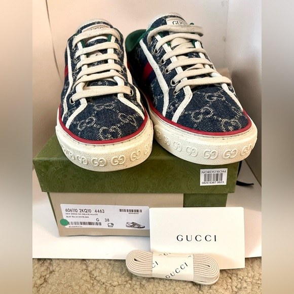 Gucci Tennis 1977 Webbing Trimmed Monogrammed Blue Denim Sneakers Size 8… - Picture 3 of 15